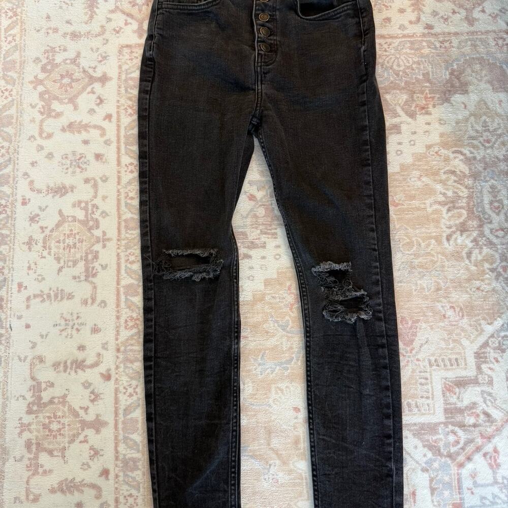 Free People Black Distressed Button Fly Skinny Jeans Size 27